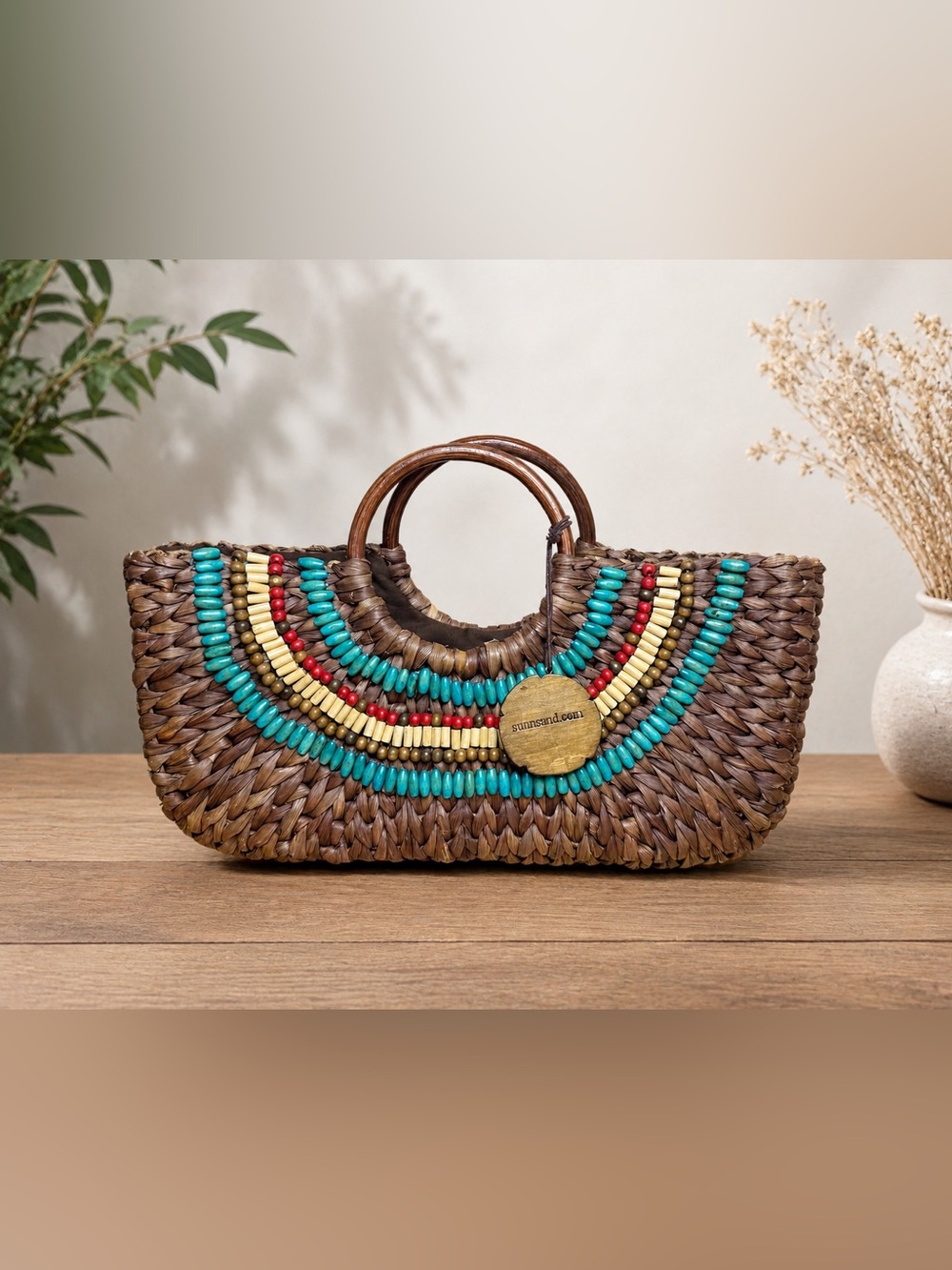 Sun n’ Sand Handwoven Beaded Straw Tote Bag EUC